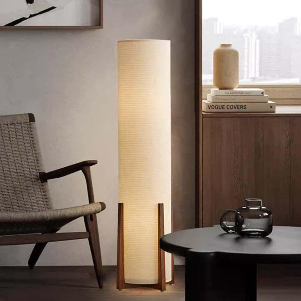 Traditional Japanese Cylinder Fabric Wood 1-Light Standing Floor Lamp For Living Room Lumendat