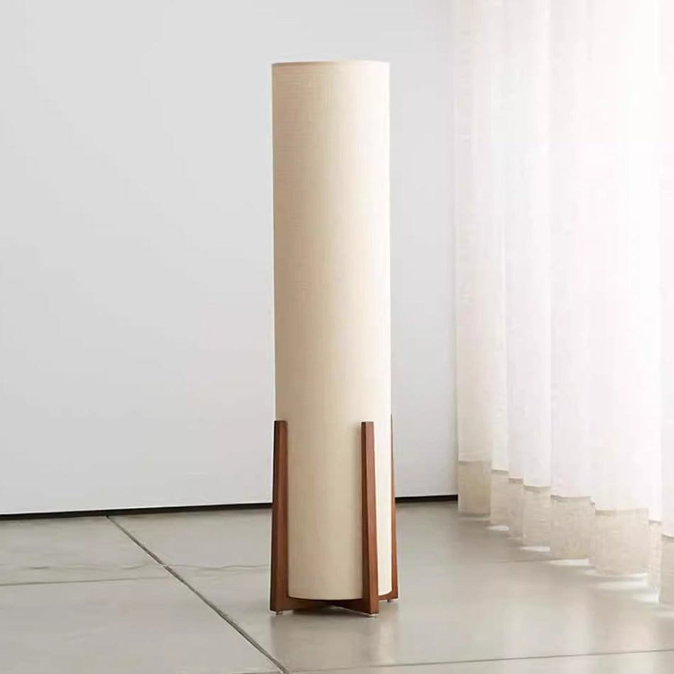 Traditional Japanese Cylinder Fabric Wood 1-Light Standing Floor Lamp For Living Room Lumendat