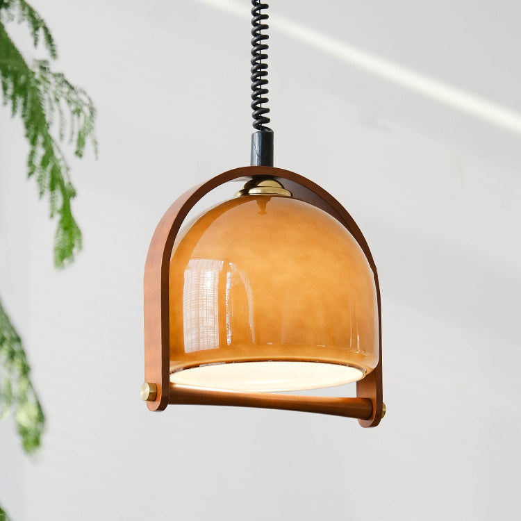 Traditional Vintage Dome Solid Wood Glass 1-Light Pendant Light For Bedroom