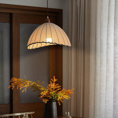 Traditional Japanese Dome Solid Wood Fabric 1-Light Pendant Light For Living Room