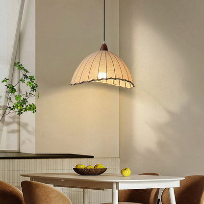 Traditional Japanese Dome Solid Wood Fabric 1-Light Pendant Light For Living Room