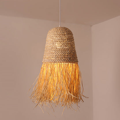 Traditional Japanese Dome Grass Rope Raffia 1-Light Pendant Light For Bedroom
