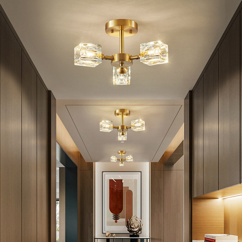 Modern Luxury Rectangle Iron Crystal 3/4/5/6 Light Semi-flush Mount Ceiling Light for Bedroom