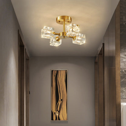 Modern Luxury Rectangle Iron Crystal 3/4/5/6 Light Semi-flush Mount Ceiling Light for Bedroom