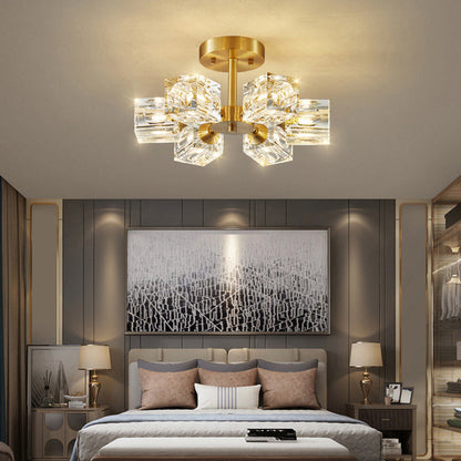 Modern Luxury Rectangle Iron Crystal 3/4/5/6 Light Semi-flush Mount Ceiling Light for Bedroom
