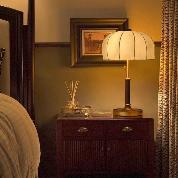 French Dome Table Lamp – 1-Light Ash Wood & Metal Base with Fabric Shade for Bedroom Lumendat