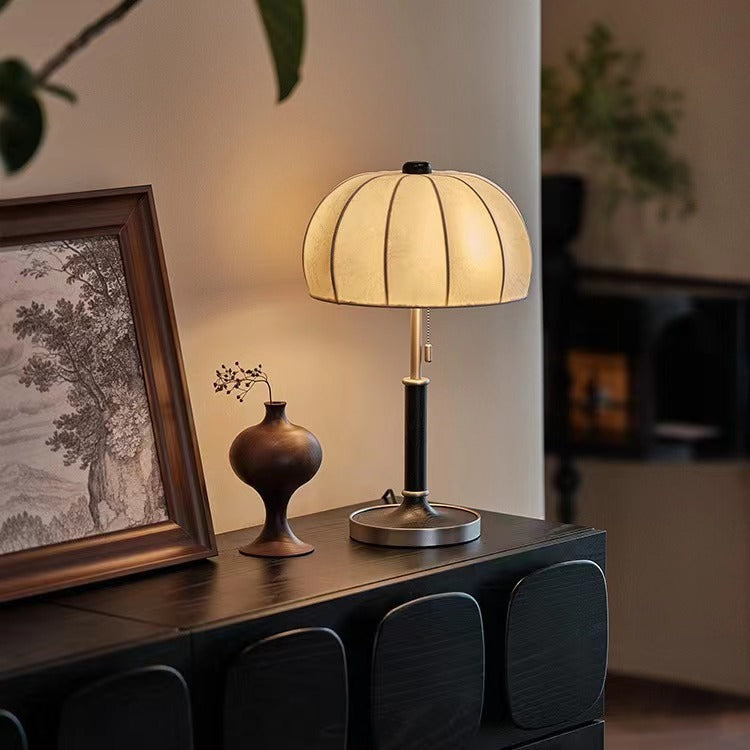 French Dome Table Lamp – 1-Light Ash Wood & Metal Base with Fabric Shade for Bedroom Lumendat