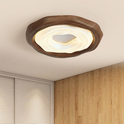 Traditional Vintage Woodgrain Round Iron PE LED Flush Mount Ceiling Light For Bedroom