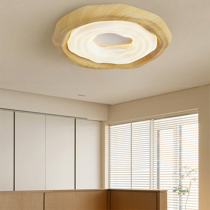 Traditional Vintage Woodgrain Round Iron PE LED Flush Mount Ceiling Light For Bedroom