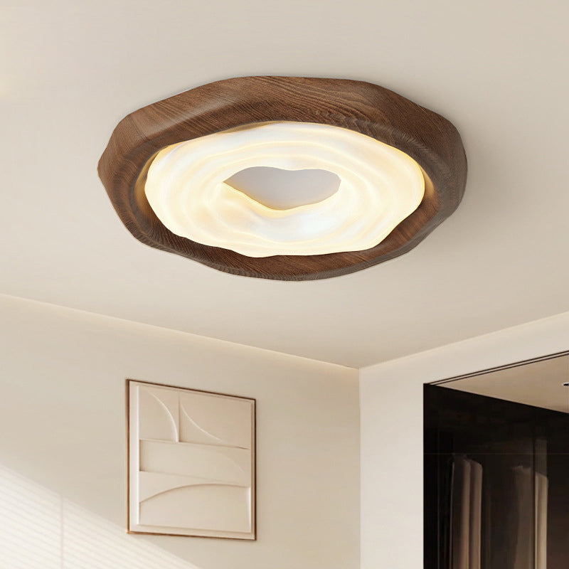 Traditional Vintage Woodgrain Round Iron PE LED Flush Mount Ceiling Light For Bedroom