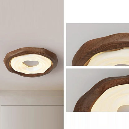 Traditional Vintage Woodgrain Round Iron PE LED Flush Mount Ceiling Light For Bedroom
