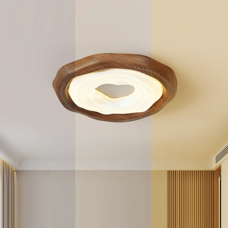 Traditional Vintage Woodgrain Round Iron PE LED Flush Mount Ceiling Light For Bedroom