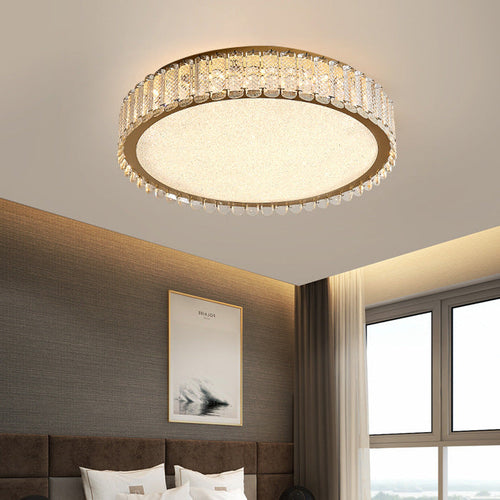 Modern Luxury LED Ceiling Light – Round Titanium & Crystal Flush Mount for Bedroom