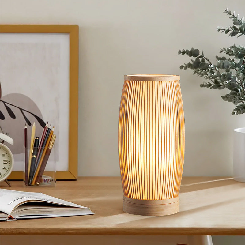 Traditional Japanese Cylinder Bamboo Wood 1-Light Table Lamp For Bedroom Lumendat