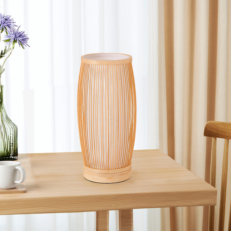 Traditional Japanese Cylinder Bamboo Wood 1-Light Table Lamp For Bedroom Lumendat