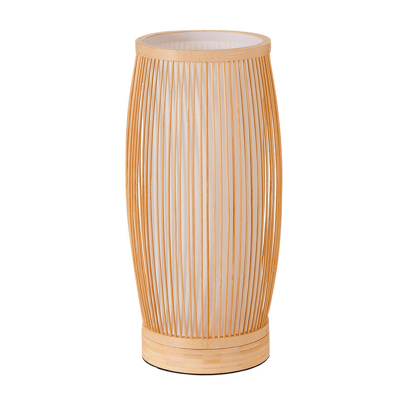 Traditional Japanese Cylinder Bamboo Wood 1-Light Table Lamp For Bedroom Lumendat
