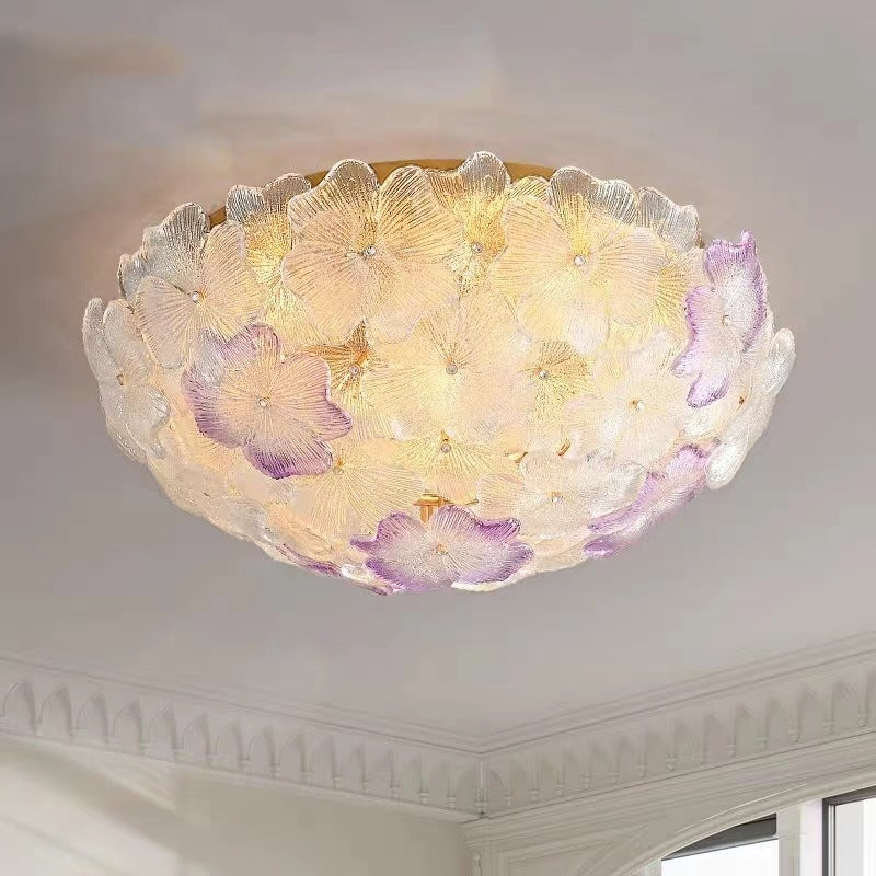 Traditional French Flower Dome Glass Metal 6/9 Light Semi-flush Mount Ceiling Light for Bedroom