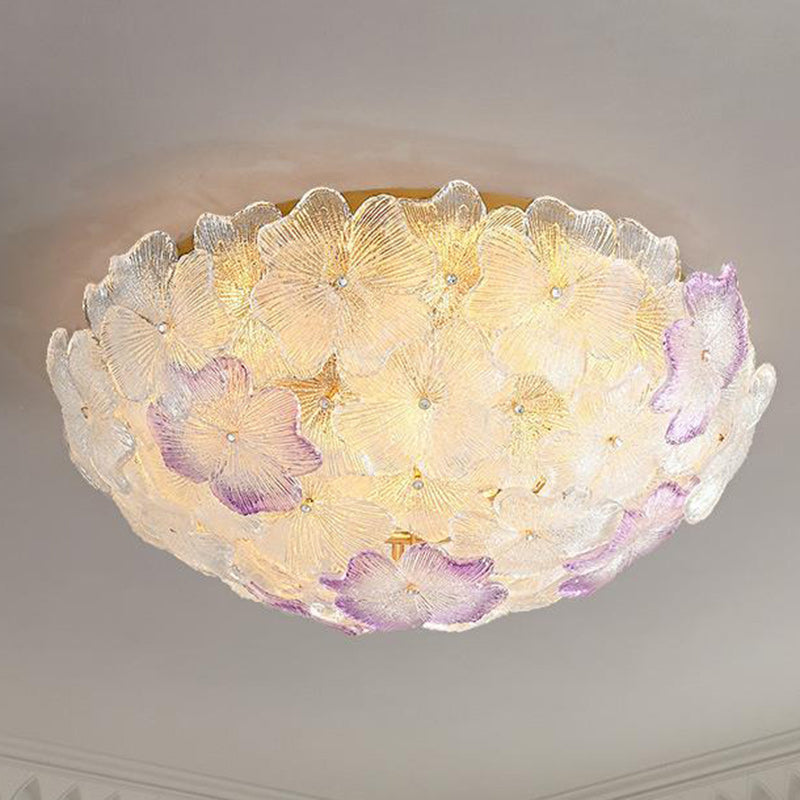 Traditional French Flower Dome Glass Metal 6/9 Light Semi-flush Mount Ceiling Light for Bedroom