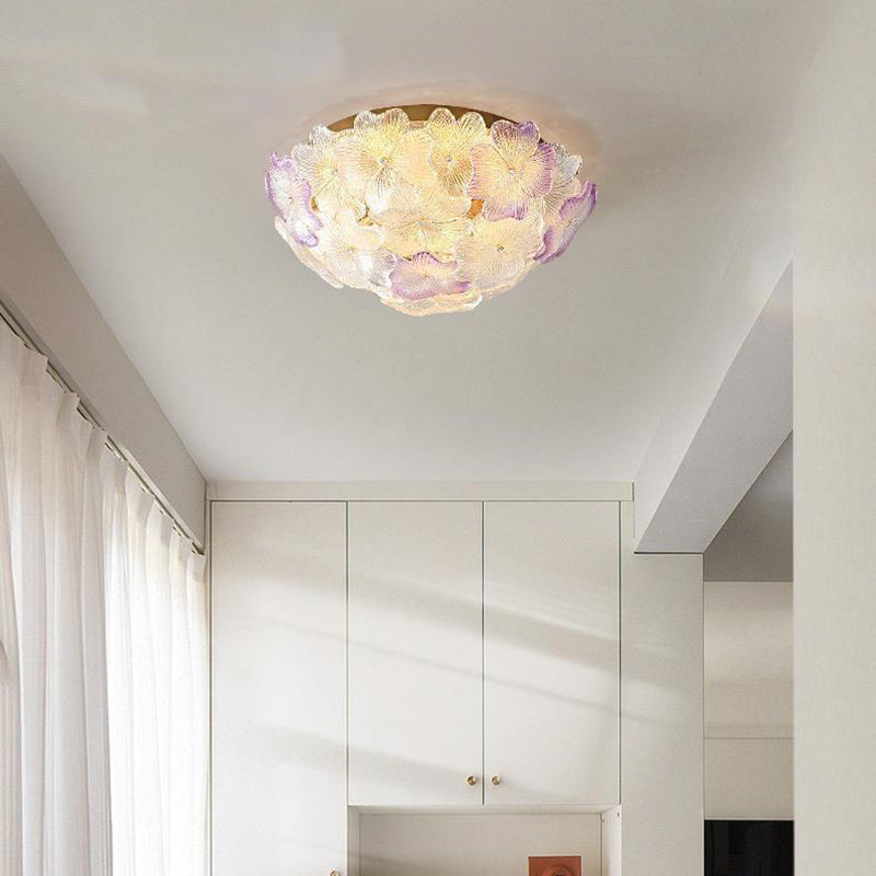 Traditional French Flower Dome Glass Metal 6/9 Light Semi-flush Mount Ceiling Light for Bedroom