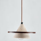 Traditional Japanese Cone Yellow Travertine Walnut 1-Light Pendant Light For Bedroom