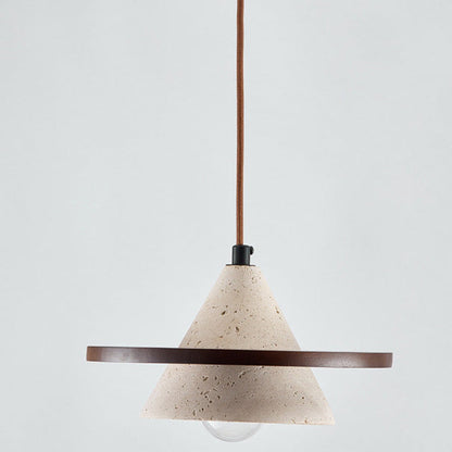 Traditional Japanese Cone Yellow Travertine Walnut 1-Light Pendant Light For Bedroom