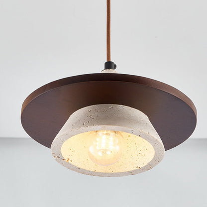 Traditional Japanese Cone Yellow Travertine Walnut 1-Light Pendant Light For Bedroom