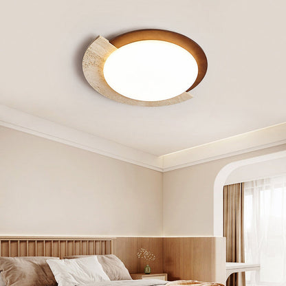 Traditional Japanese Round Travertine Acrylic LED Flush Mount Ceiling Light For Bedroom