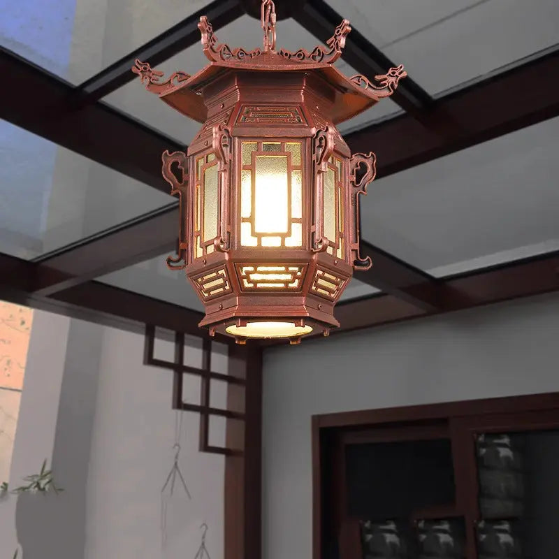 Traditional Chinese Lantern Aluminum Pvc 1-light Pendant Light for Outdoor Patio BulbSquare