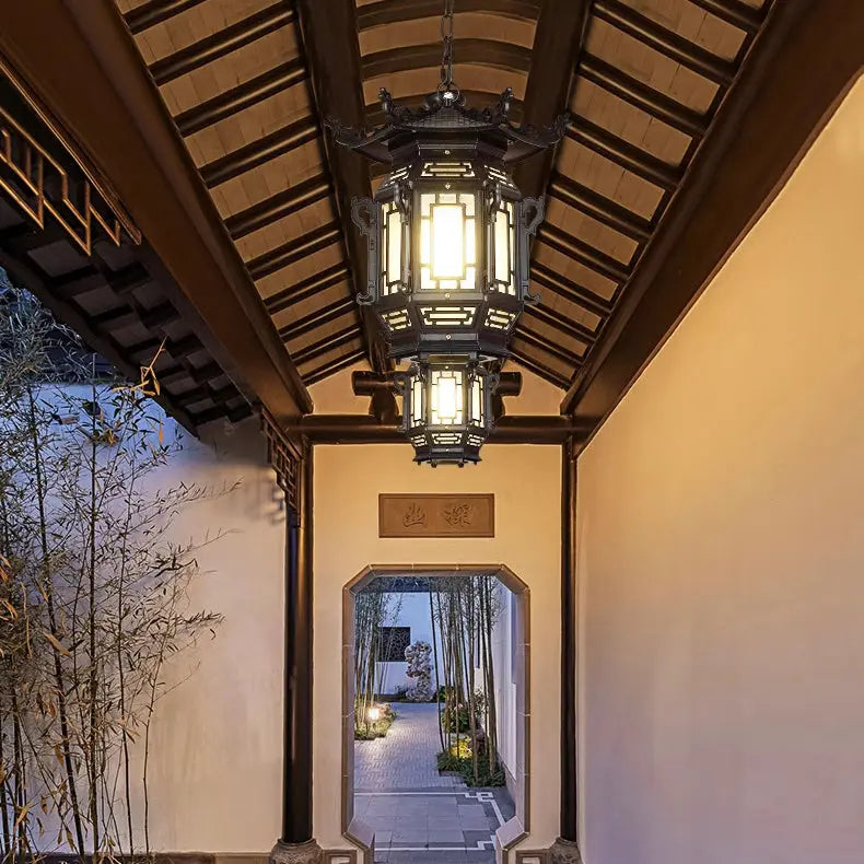 Traditional Chinese Lantern Aluminum Pvc 1-light Pendant Light for Outdoor Patio BulbSquare