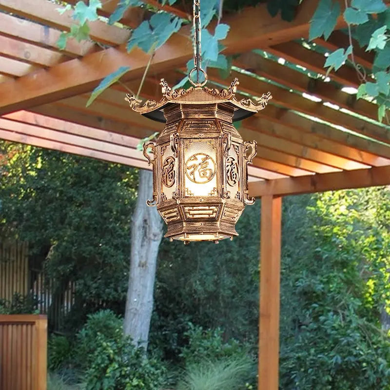 Traditional Chinese Lantern Aluminum Pvc 1-light Pendant Light for Outdoor Patio BulbSquare