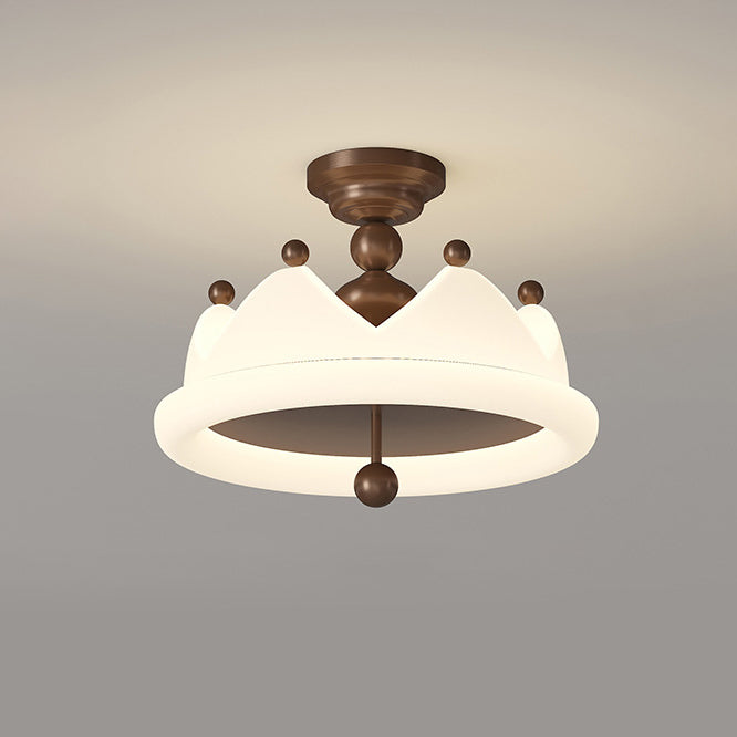 Contemporary Creative Crown Round Iron PE LED Semi-Flush Mount Ceiling Light For Bedroom