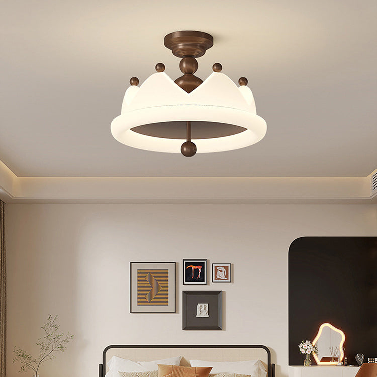 Contemporary Creative Crown Round Iron PE LED Semi-Flush Mount Ceiling Light For Bedroom