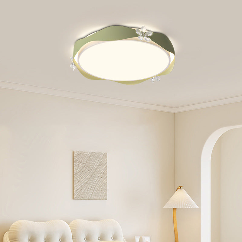 Traditional French Flower Round PVC Iron Crystal LED Flush Mount Ceiling Light For Bedroom