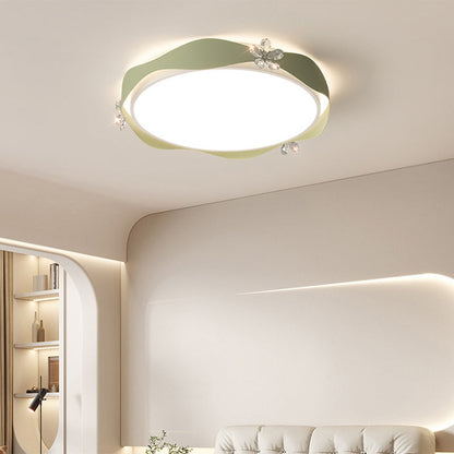 Traditional French Flower Round PVC Iron Crystal LED Flush Mount Ceiling Light For Bedroom