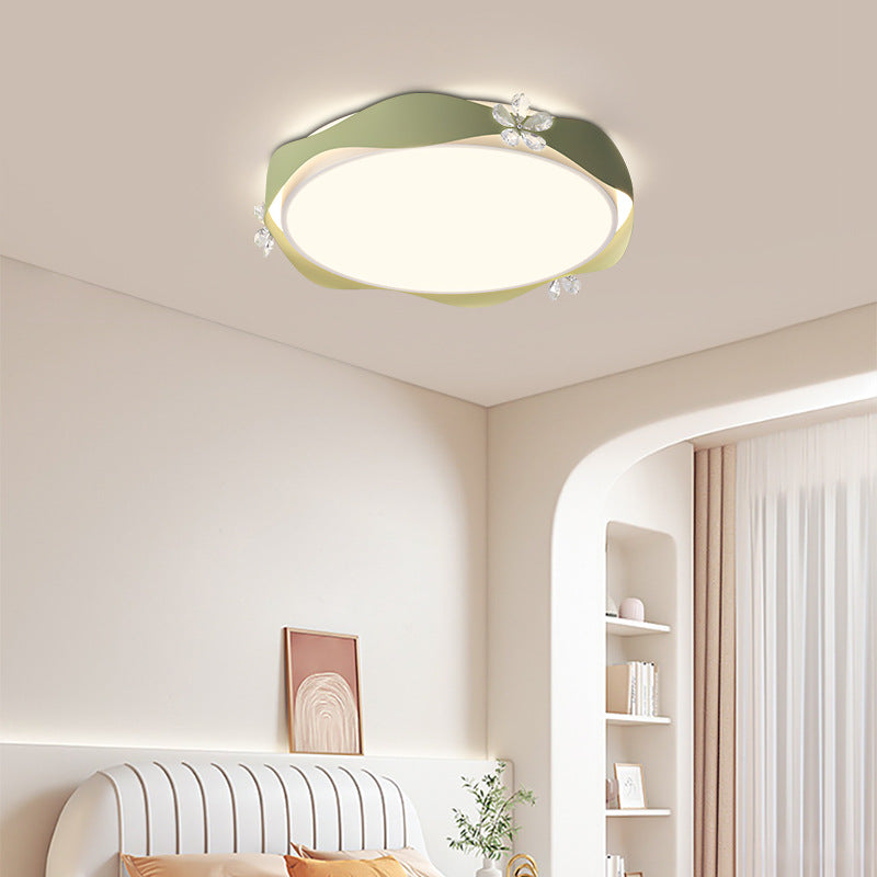 Traditional French Flower Round PVC Iron Crystal LED Flush Mount Ceiling Light For Bedroom