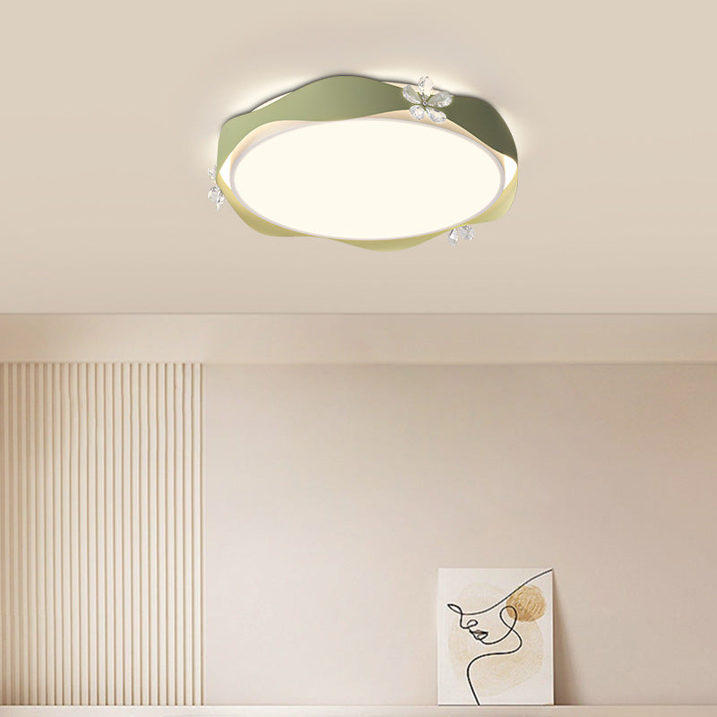 Traditional French Flower Round PVC Iron Crystal LED Flush Mount Ceiling Light For Bedroom