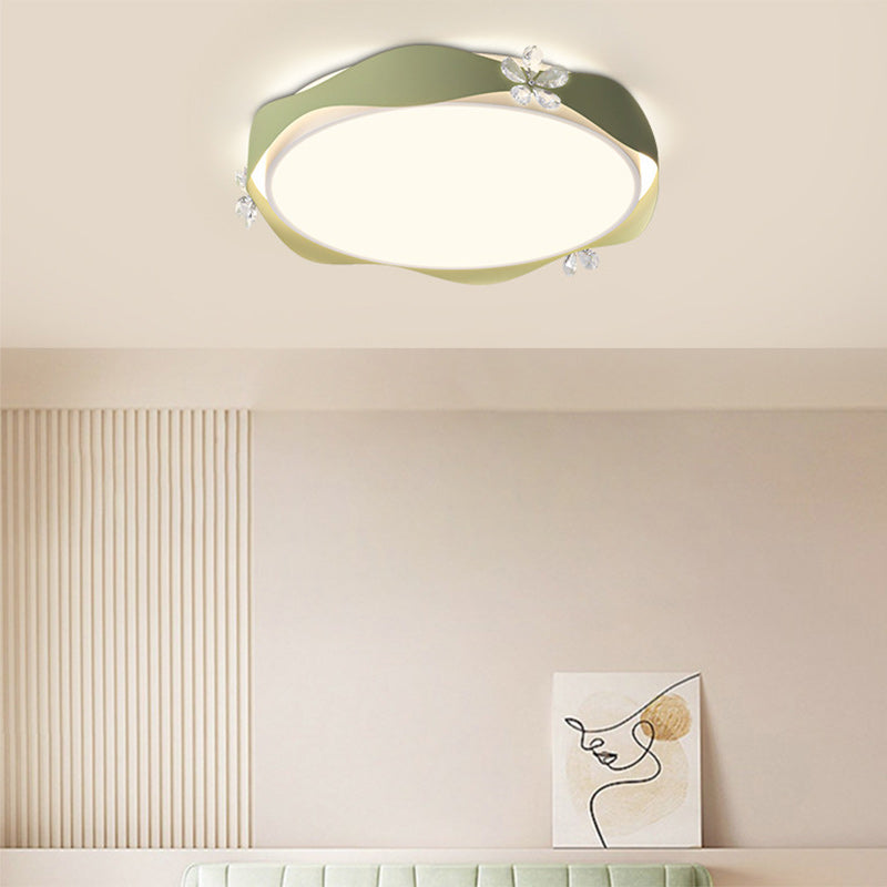 Traditional French Flower Round PVC Iron Crystal LED Flush Mount Ceiling Light For Bedroom