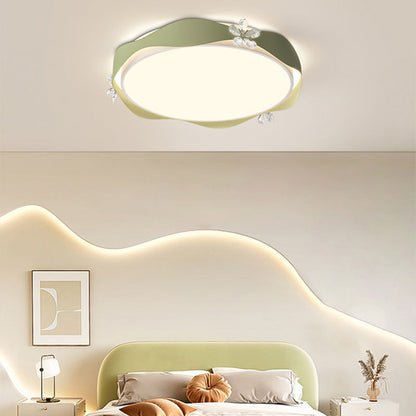 Traditional French Flower Round PVC Iron Crystal LED Flush Mount Ceiling Light For Bedroom