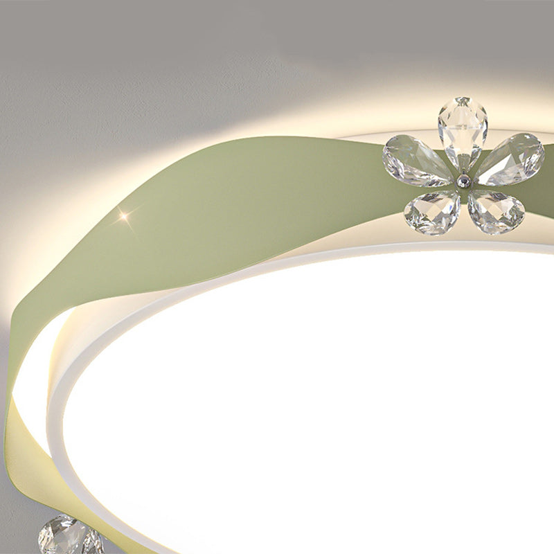 Traditional French Flower Round PVC Iron Crystal LED Flush Mount Ceiling Light For Bedroom
