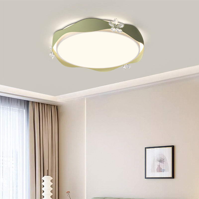 Traditional French Flower Round PVC Iron Crystal LED Flush Mount Ceiling Light For Bedroom