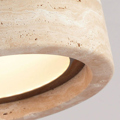 Traditional Vintage Round Yellow Travertine Walnut Wood LED Pendant Light for Bedroom