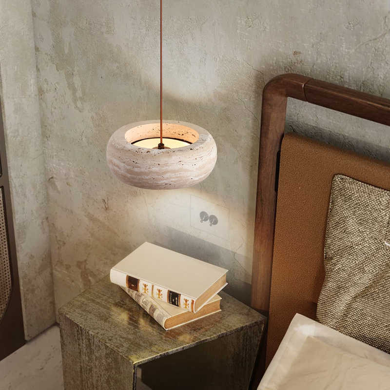 Traditional Vintage Round Yellow Travertine Walnut Wood LED Pendant Light for Bedroom