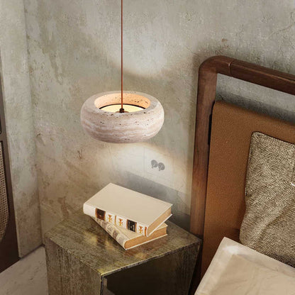 Traditional Vintage Round Yellow Travertine Walnut Wood LED Pendant Light for Bedroom