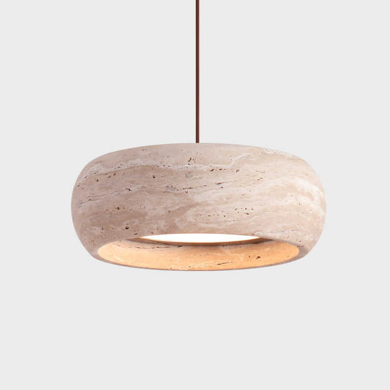 Traditional Vintage Round Yellow Travertine Walnut Wood LED Pendant Light for Bedroom