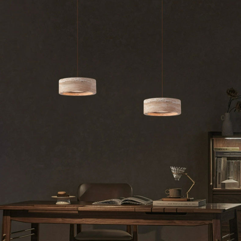 Traditional Vintage Round Yellow Travertine Walnut Wood LED Pendant Light for Bedroom