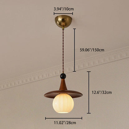 Traditional Japanese Ball Iron Solid Wood Glass 1-Light Pendant Light For Bedroom