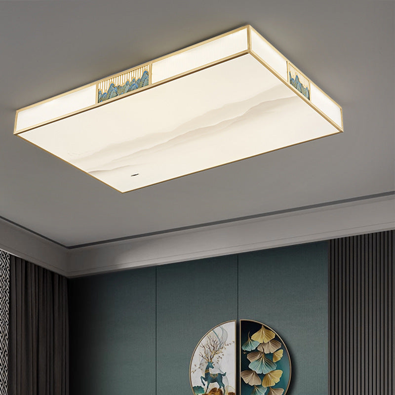 Traditional Chinese Rectangular Copper Acrylic LED Flush Mount Ceiling Light For Living Room