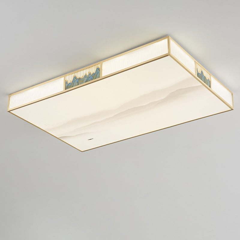 Traditional Chinese Rectangular Copper Acrylic LED Flush Mount Ceiling Light For Living Room