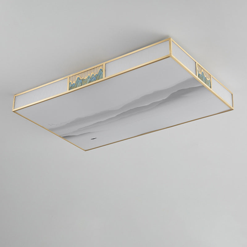 Traditional Chinese Rectangular Copper Acrylic LED Flush Mount Ceiling Light For Living Room