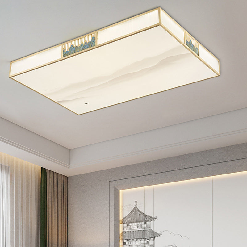 Traditional Chinese Rectangular Copper Acrylic LED Flush Mount Ceiling Light For Living Room